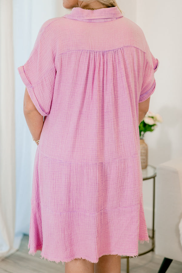 Chic Soul Plus size clothing, lavender short sleeve distressed dress with fringe details at the bottom of the dress, and cuffs on the sleeves 
