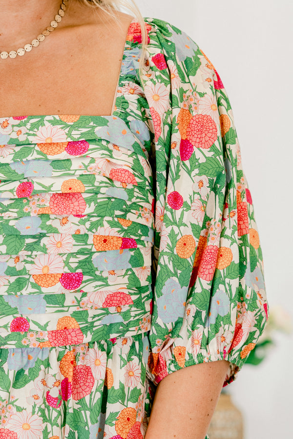 Chic Soul Plus size clothing, green floral top with bubble sleeves and rouching detail across the chest 
