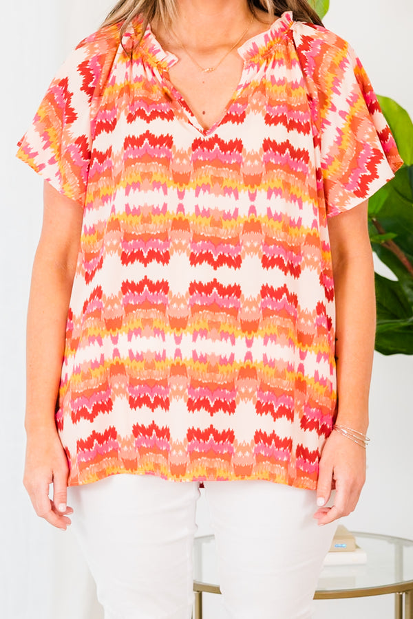 Chic Soul plus size clothing, short sleeve pink combo abstract print top with v neckline