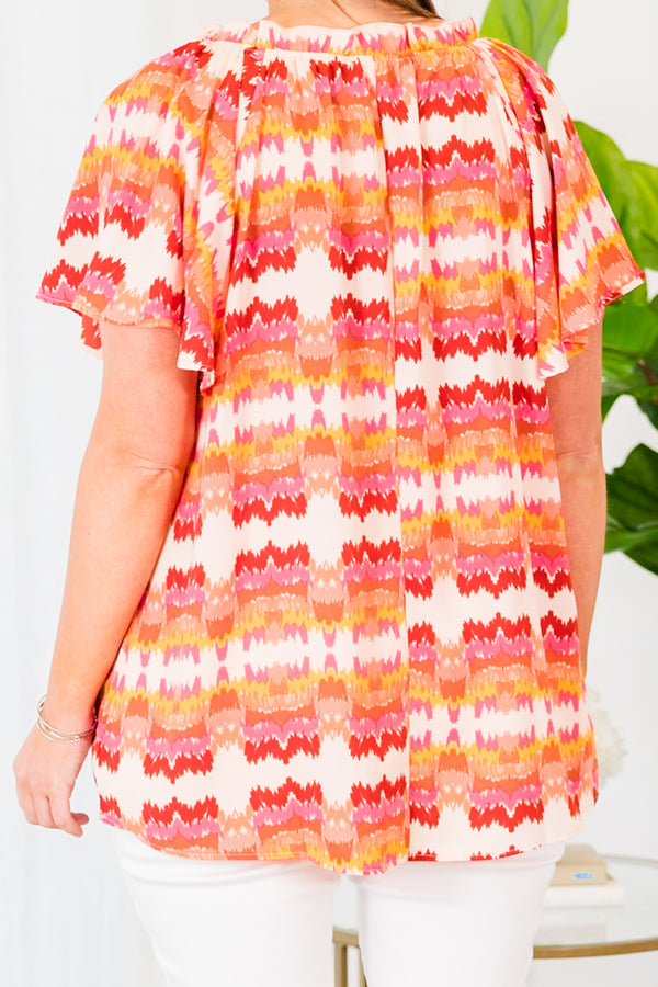 Chic Soul plus size clothing, short sleeve pink combo abstract print top with v neckline