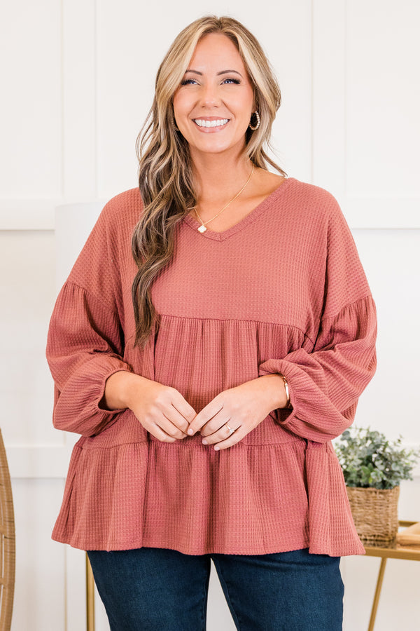 Chic Soul plus size clothing, quarter-sleeve mauve ruffled baby doll top with v-neckline and balloon ruffled sleeves 