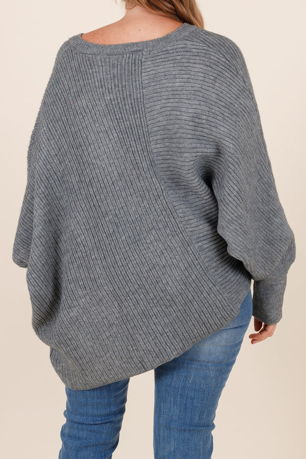 Chic Soul plus size clothing, grey oversized sweater with v neck cut and textured details