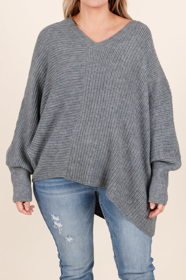 Chic Soul plus size clothing, grey oversized sweater with v neck cut and textured details