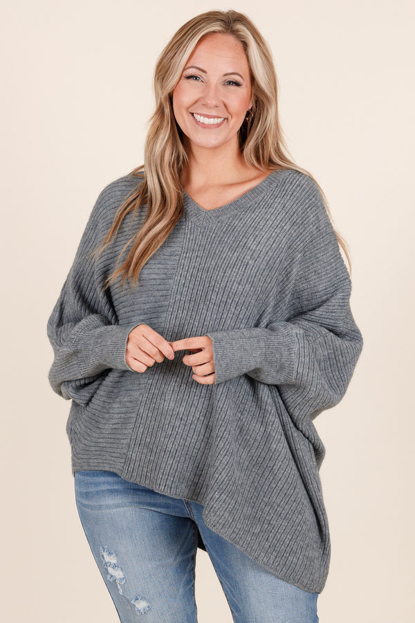 Chic Soul plus size clothing, grey oversized sweater with v neck cut and textured details