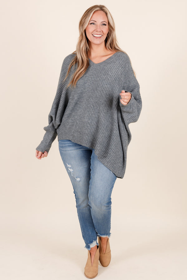 Chic Soul plus size clothing, grey oversized sweater with v neck cut and textured details