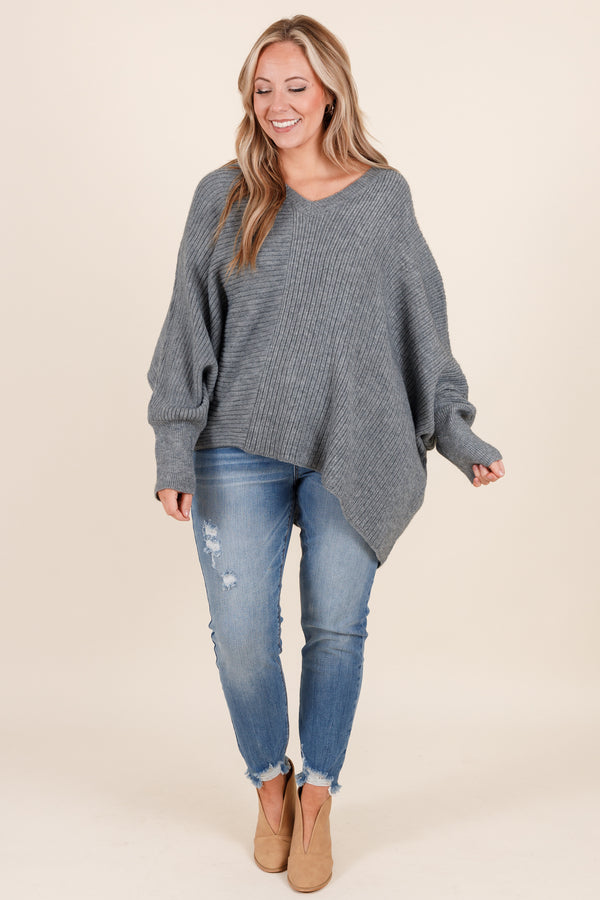 Chic Soul plus size clothing, grey oversized sweater with v neck cut and textured details