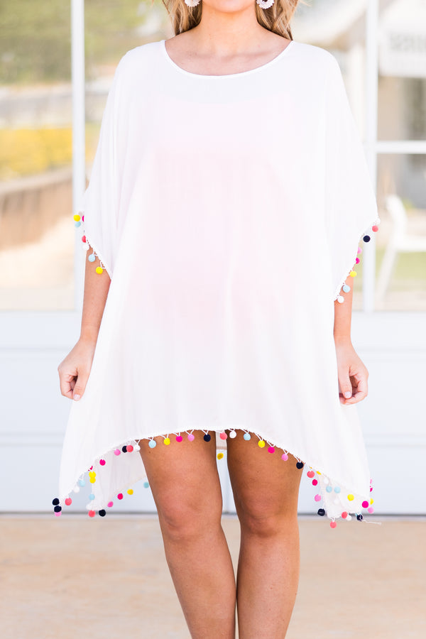 Chic Soul plus size clothing, white coverup with multicolor pom pom detailing