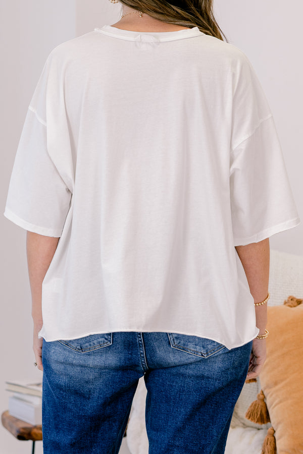 Chic Soul plus size clothing, white relaxed fit tee with patchwork patterned witches hat graphic in the center
