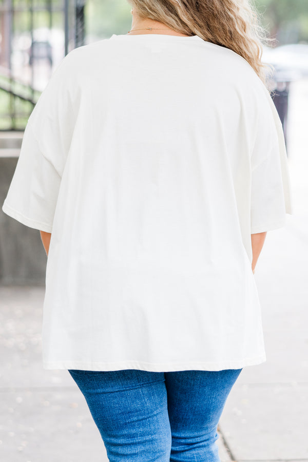 Chic Soul plus size clothing, ivory short sleeve boyfriend tee with bow and witch hat graphic in black 