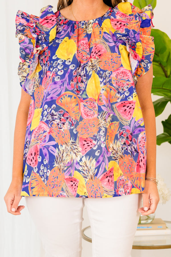 Chic Soul plus size clothing, blue short sleeve fruit print top with ruffle sleeves