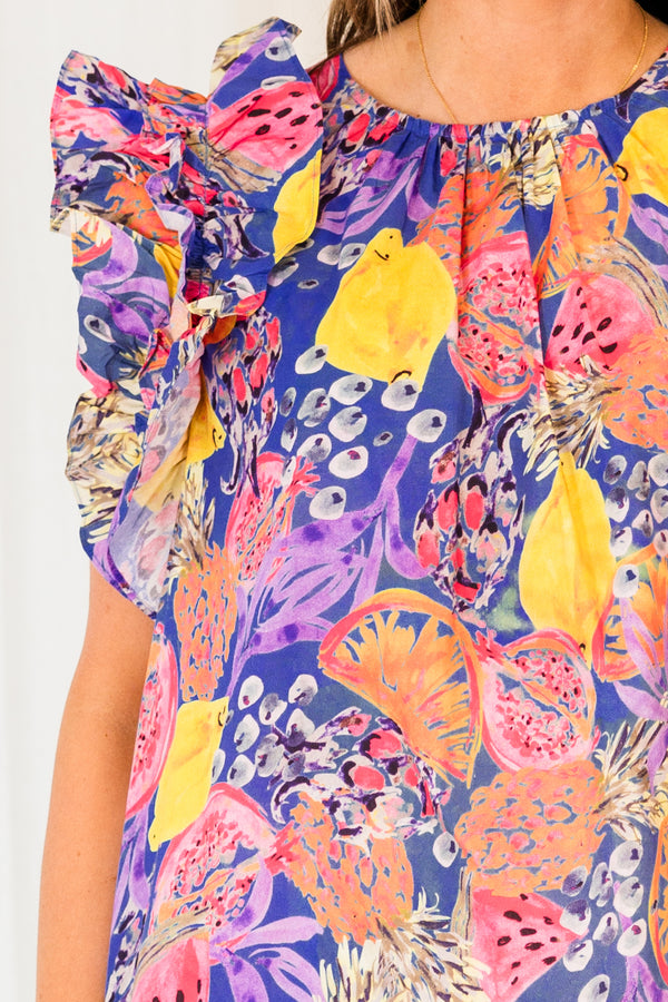 Chic Soul plus size clothing, blue short sleeve fruit print top with ruffle sleeves