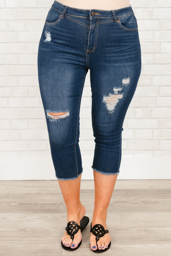 Chic Soul plus size clothing, medium wash distressed denim capris with frayed hemline