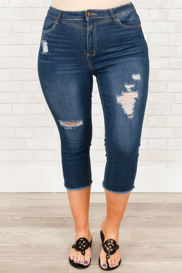 Chic Soul plus size clothing, medium wash distressed denim capris with frayed hemline