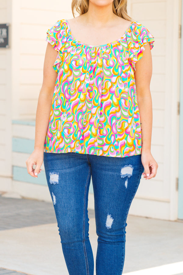 Chic Soul plus size clothing, vibrant multicolor abstract pattern top with flutter sleeves