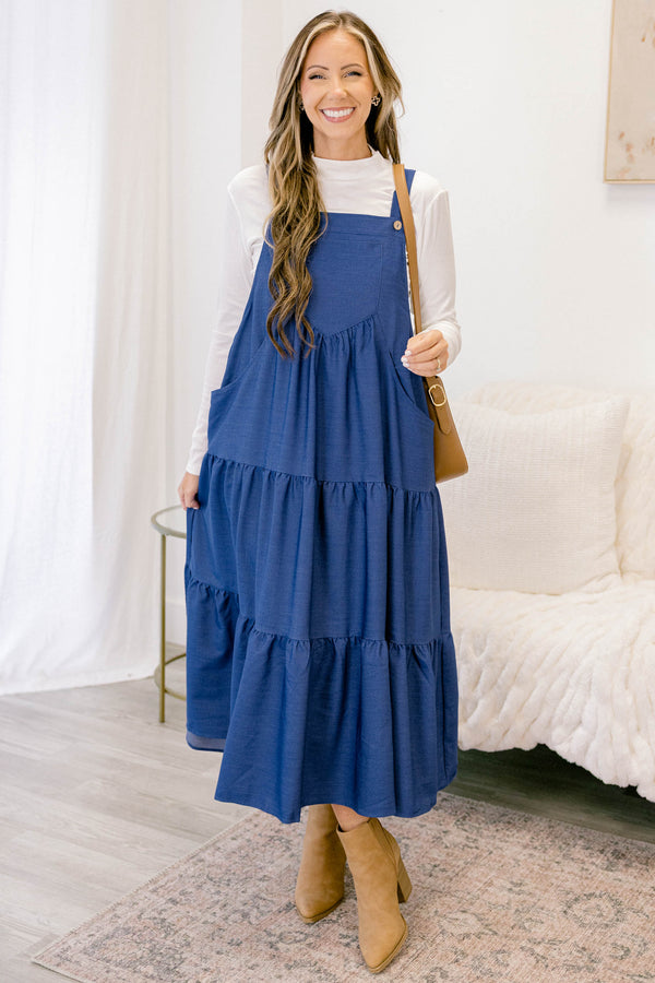 Chic Soul plus size clothing, dark denim tiered maxi dress with an overall look