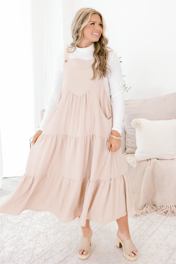 Chic Soul plus size clothing, light tan sleeveless tiered maxi dress with buttons on the straps and a large front pocket on the chest