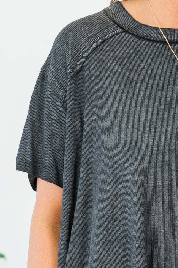 Chic Soul plus size clothing, ash black short sleeve plain top with round neckline with outer stitching detail along shoulders 