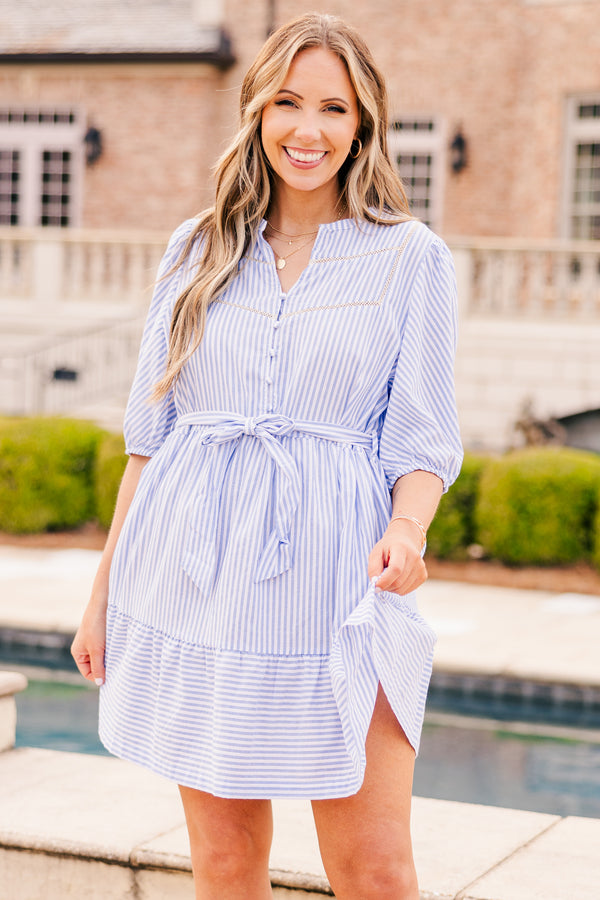 Chic Soul plus size clothing, light blue striped dress with half sleeves and tie at waist