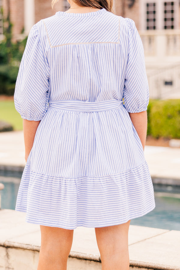 Chic Soul plus size clothing, light blue striped dress with half sleeves and tie at waist