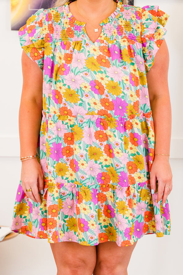 Chic Soul plus size clothing, short-flutter-sleeve pink baby doll dress with v-neckline and bright floral pattern