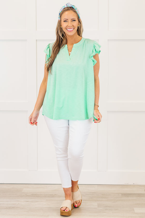 Chic Soul Plus size clothing, aqua top with slight V-neck and flutter sleeves 