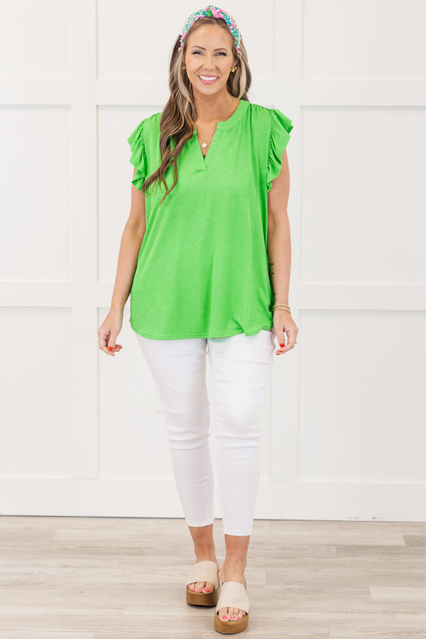 Chic Soul plus size clothing, Lime green short sleeve top with v cutout along neckline with ruffle detail along sleeves