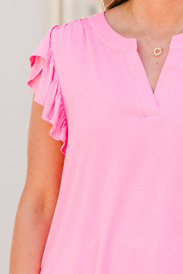 Chic Soul plus size clothing, short sleeve neon pink top with ruffle sleeves and v cutout on neckline