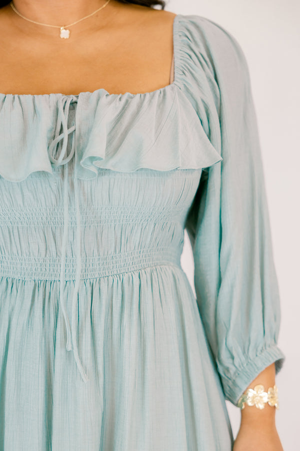 Chic Soul plus size clothing, light blue long sleeve square neck maxi dress with ruffles laong the top and a cinching along the chest