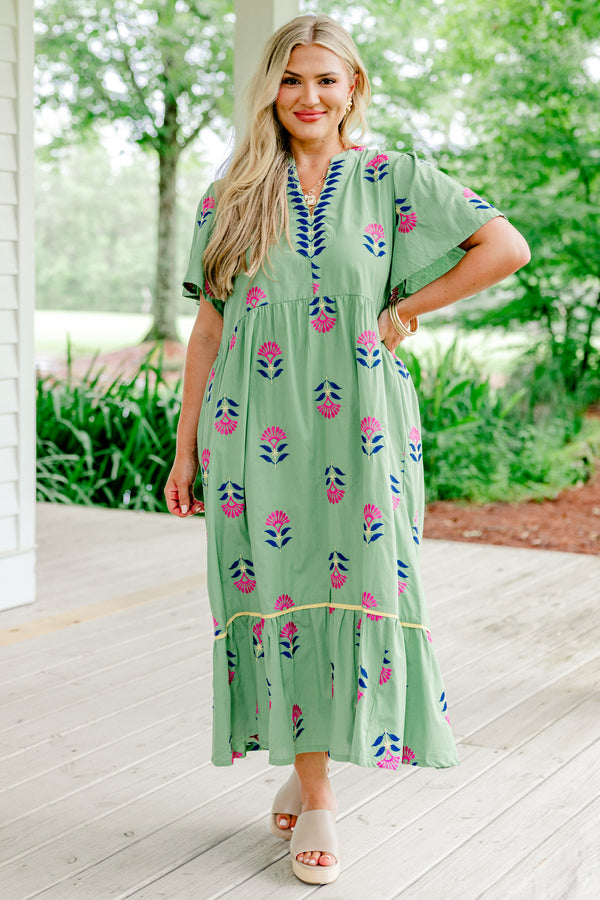 Chic Soul plus size clothing, sage green short-flutter sleeve slit neckline tiered maxi dress with embroidered royal blue and hot pink floral pattern and blue leaves lining the neckline plus pale yellow trim detail