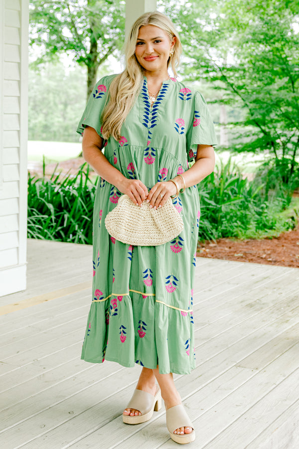 Chic Soul plus size clothing, sage green short-flutter sleeve slit neckline tiered maxi dress with embroidered royal blue and hot pink floral pattern and blue leaves lining the neckline plus pale yellow trim detail