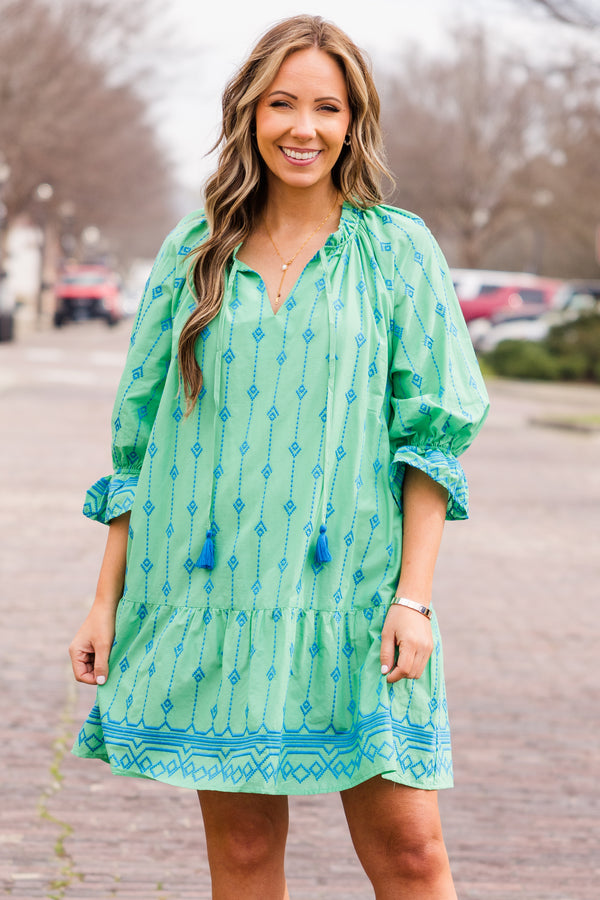 Chic Soul plus size clothing, green short length dress with three quarter sleeves and embroidered pattern