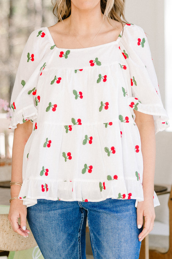 Chic Soul plus size clothing, white flowy babydoll top with square neckline and cherry pattern