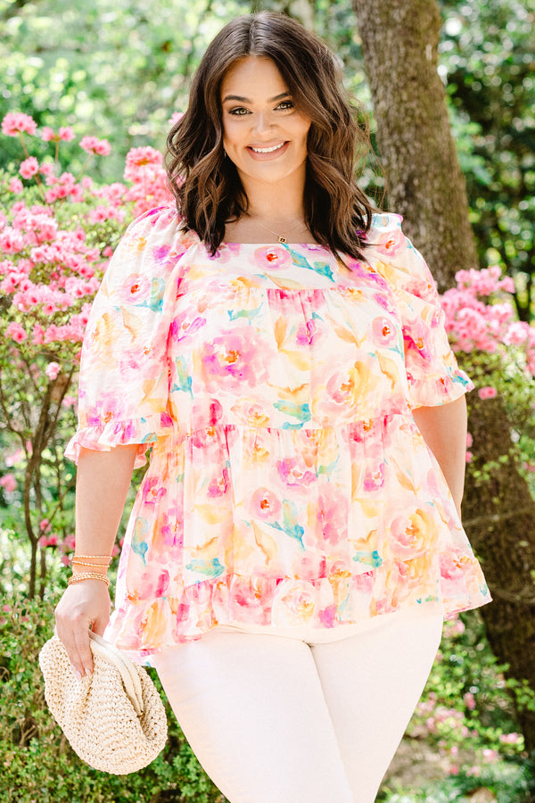 Chic Soul plus size clothing, short-puffed-sleeve pink floral flowy baby doll top with a high-square-neckline