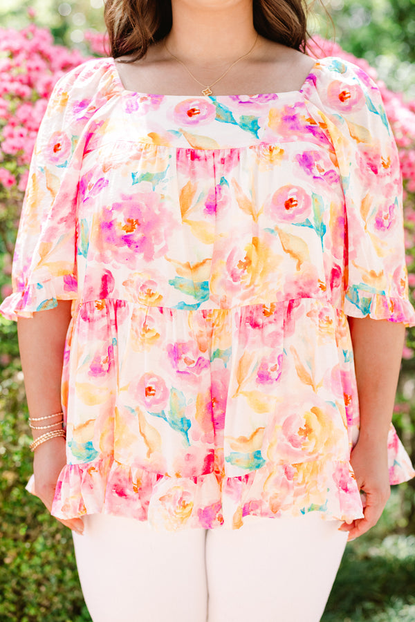 Chic Soul plus size clothing, short-puffed-sleeve pink floral flowy baby doll top with a high-square-neckline
