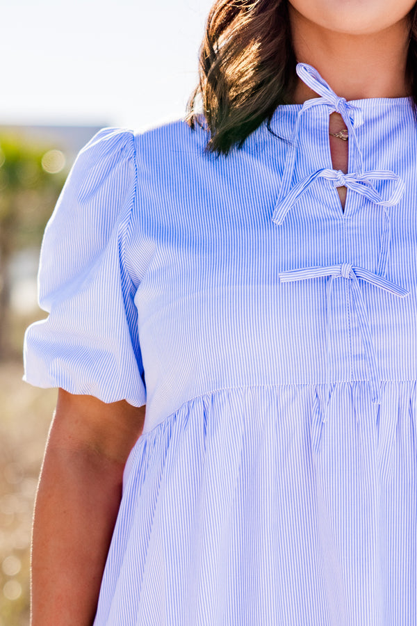 chic soul plus size clothing, blue striped knee length dress with tie bow details on the chest and short sleeves. 