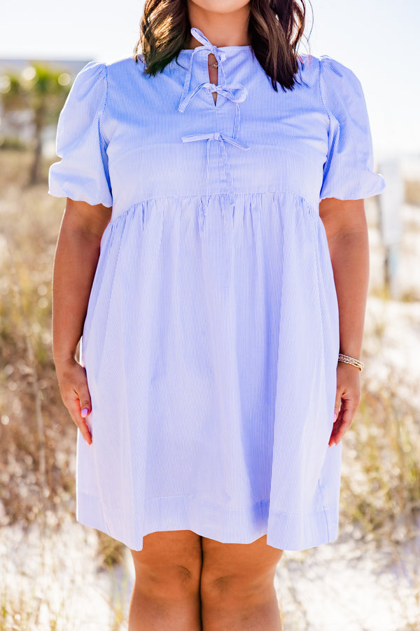 chic soul plus size clothing, blue striped knee length dress with tie bow details on the chest and short sleeves. 