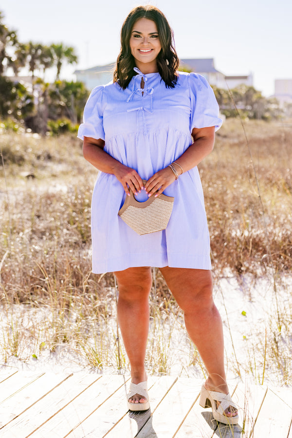 chic soul plus size clothing, blue striped knee length dress with tie bow details on the chest and short sleeves. 