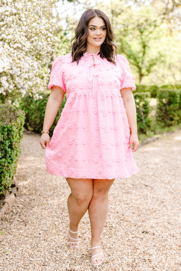 Chic Soul plus size clothing, pink short sleeve mini dress with raised floral detailing with three bow tie detail along chest with puff sleeves