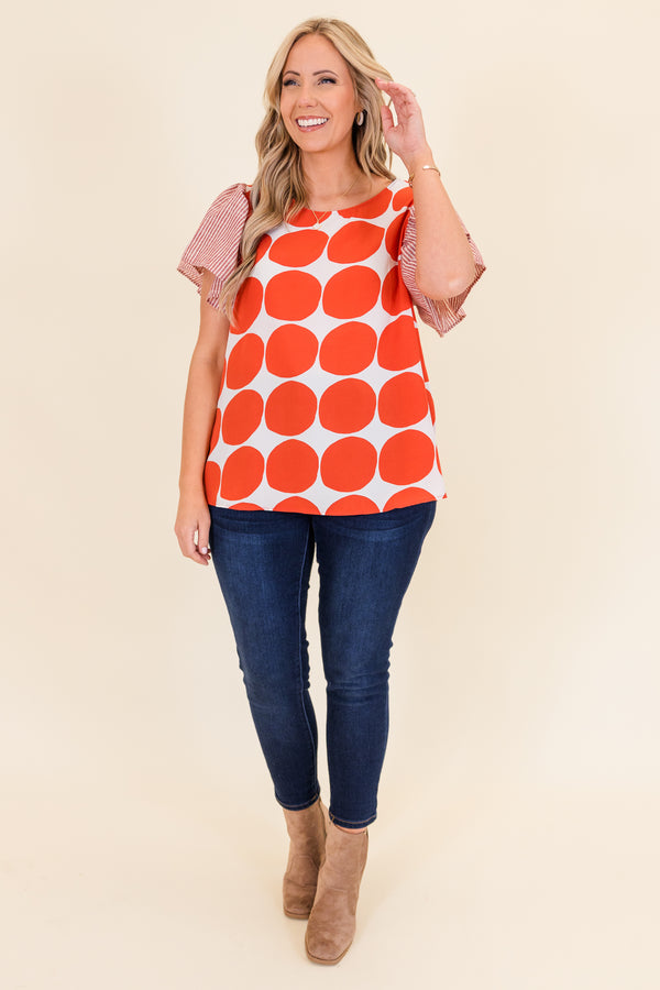 Chic Soul plus size clothing, red and white large polka dot top with red and white pinstripe short sleeves with ruffle detail with round neckline