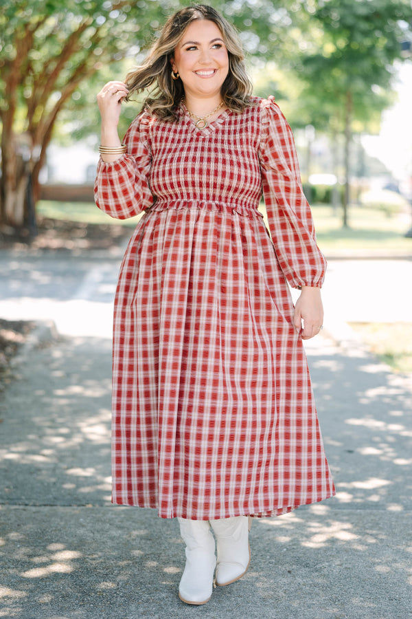 Plus Size red plaid midi dress with a smocked bodice, ruffled neckline, and long balloon sleeves.