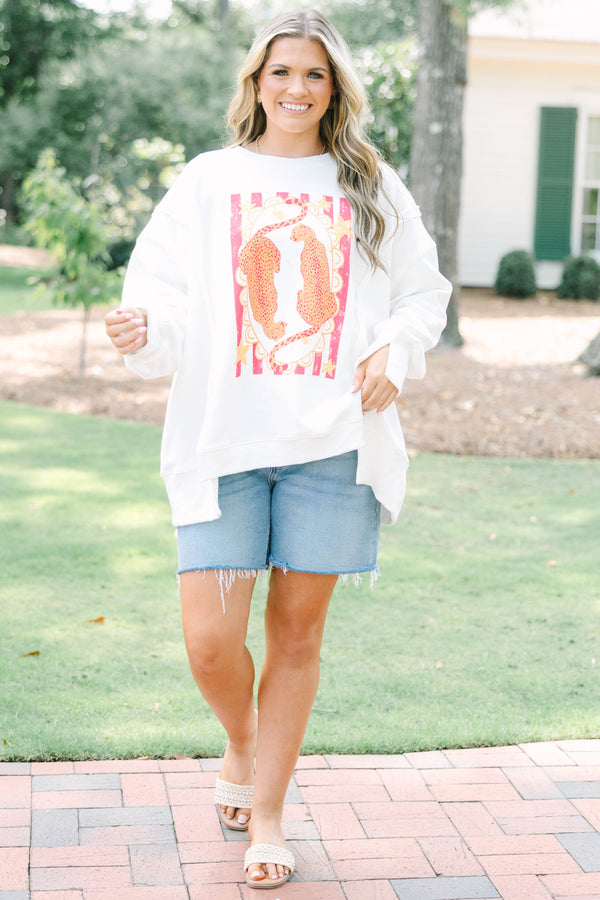 Plus size woman ivory sweatshirt with an orange and hot pink cheetah graphic 