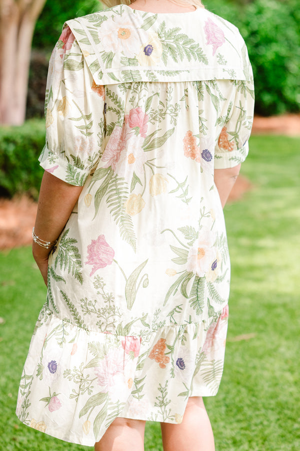 Plus Size sage floral mini dress with an oversized collar, gold flower buttons, and a drop waist.