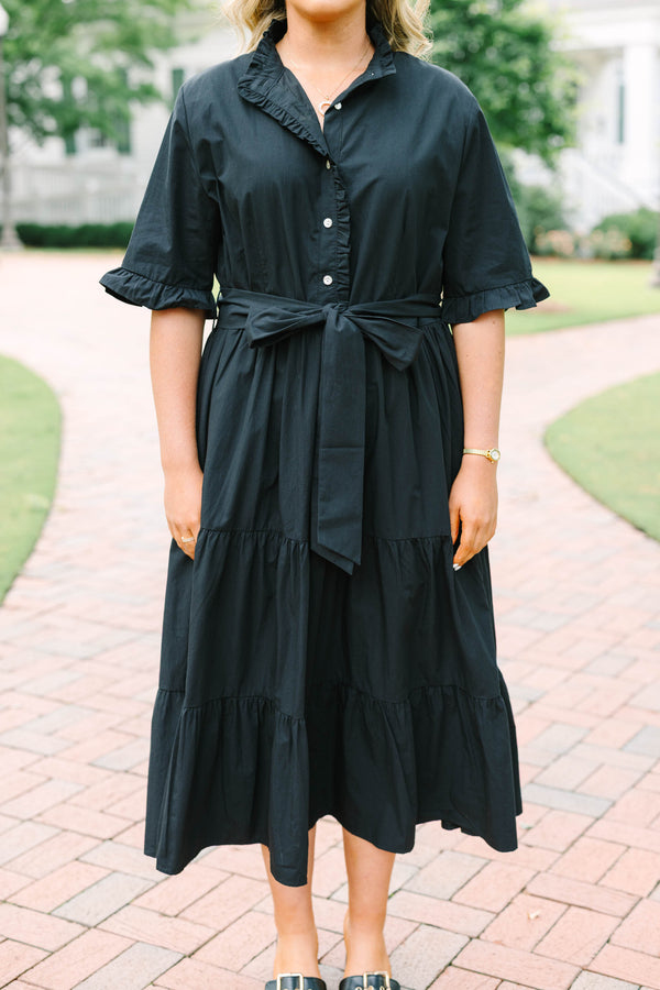 Chic Soul plus size clothing, black ruffle tiered midi dress with a tie at waist