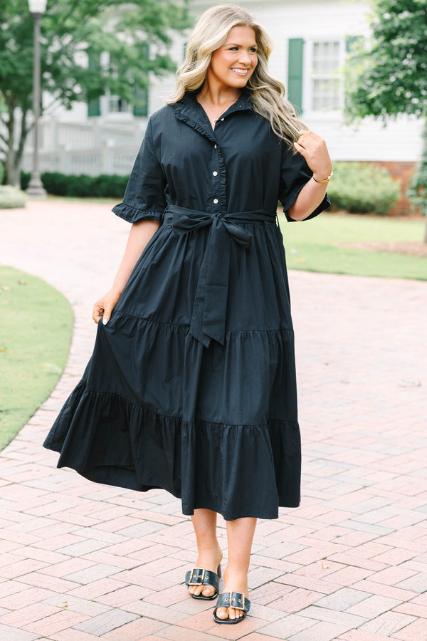 Chic Soul plus size clothing, black ruffle tiered midi dress with a tie at waist