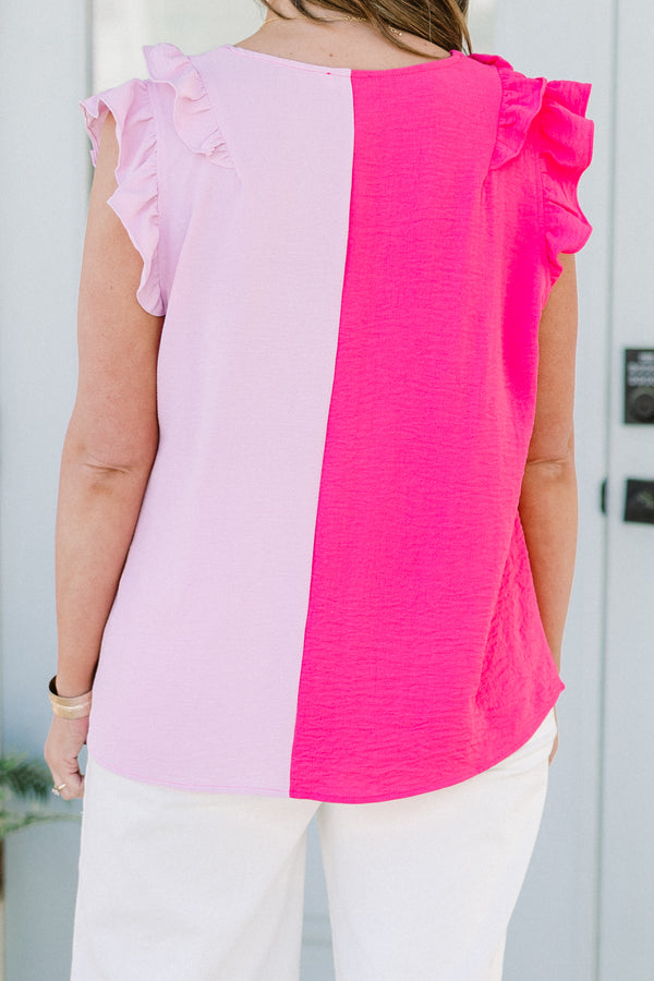 Chic Soul plus size clothing, pink two tone top with line down the middle, and flutter sleeves