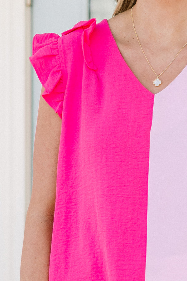 Chic Soul plus size clothing, pink two tone top with line down the middle, and flutter sleeves
