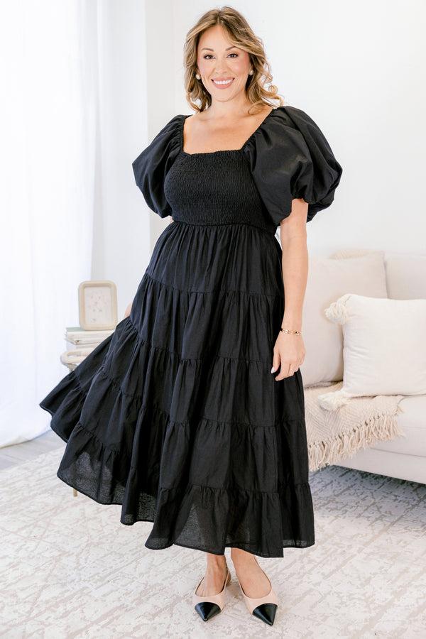 Chic Soul plus size clothing, short-puffed-sleeve black ruffled baby doll midi dress with a smocked bodice and a square-neckline 