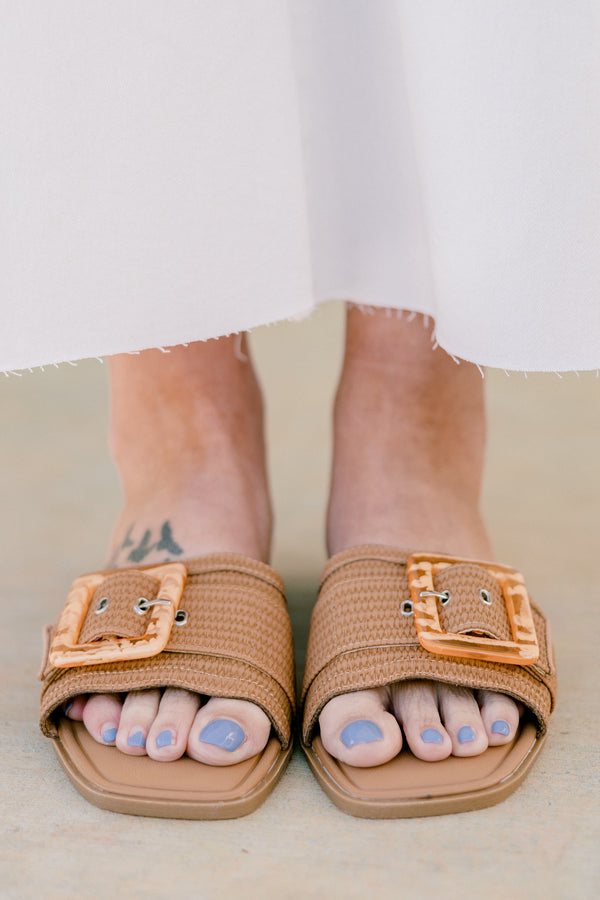 Chic Soul plus size clothing, backless open-toed tan woven sandals with a darker brown hardware buckle on the top with a tan sole 