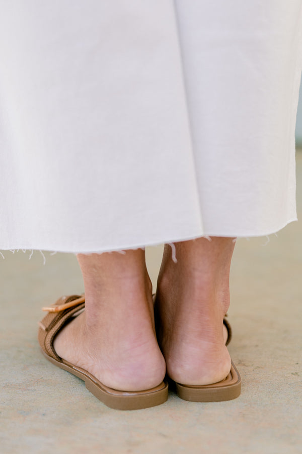 Chic Soul plus size clothing, backless open-toed tan woven sandals with a darker brown hardware buckle on the top with a tan sole 
