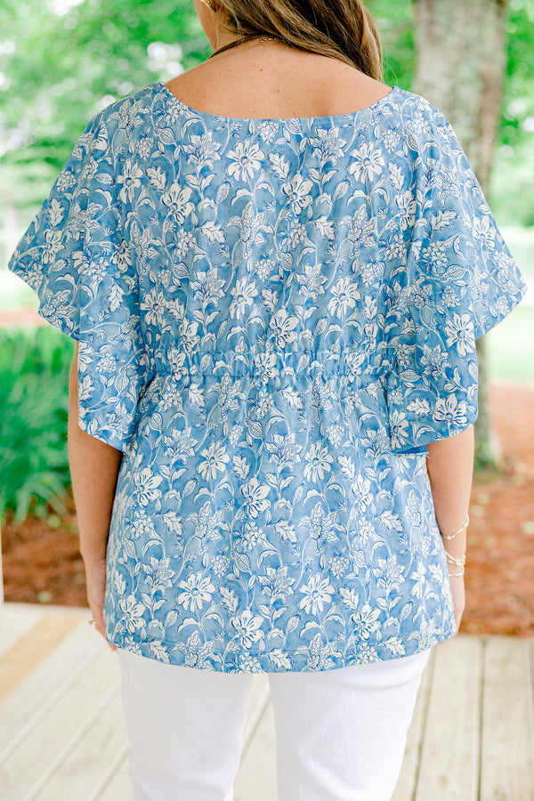 Chic Soul plus size clothing, baby blue short-flutter sleeve square neckline top with white floral pattern and solid navy blocking around shoulders with white embroidery